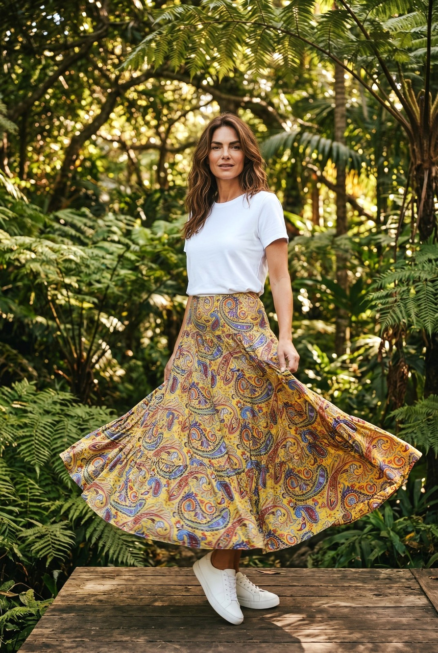 Ralph Lauren Womens Paisley Cotton Maxi Skirt Size 8 Tiered Pleated Boho Gypsy